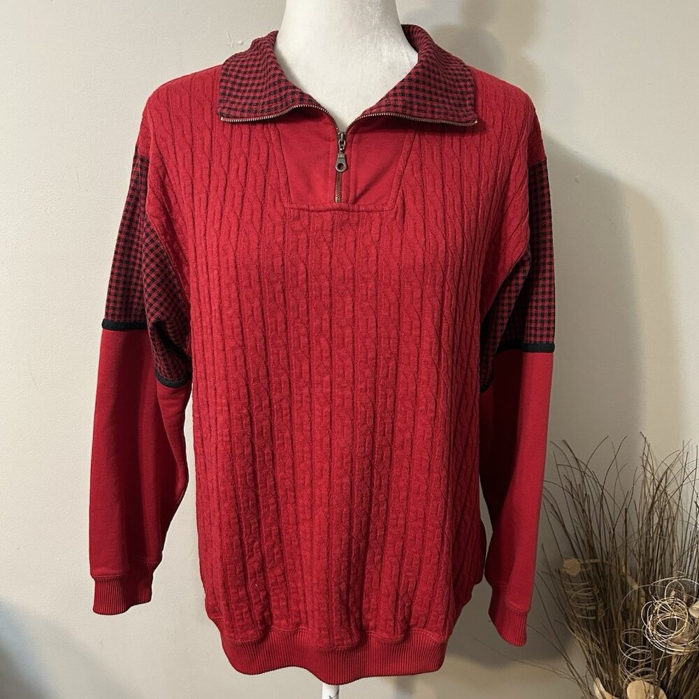 Vtg Blast Women Sweatshirt Sweater Red Cable Neck Houndstooth Zip Collar Sz L ?